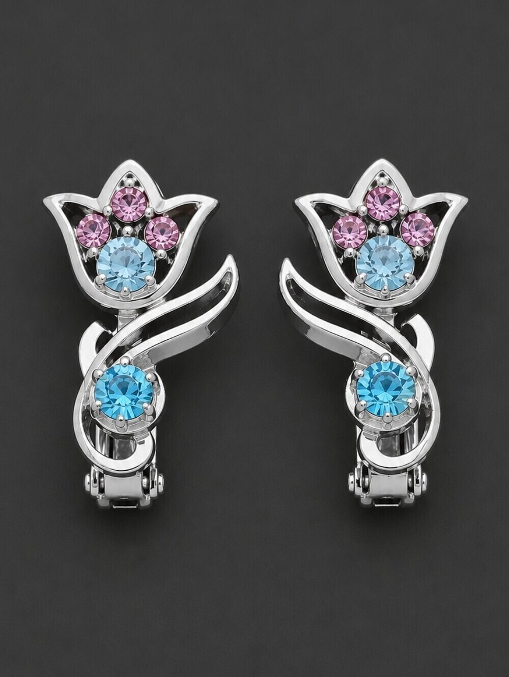 Vtg Rhinestone Tulip Cutout Coquette Clip-on Earrings